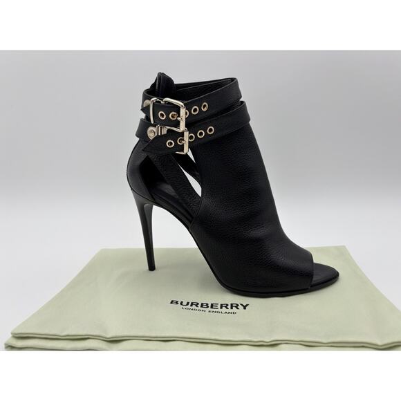 Burberry Buckle Detail Leather Peep-toe Ankle Boots Size 40 - Picture 1 of 5